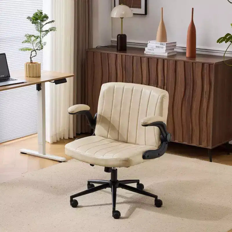 Oil-Waxed Leather Swivel Chair with Flip-Up Armrests – 330 lb Capacity