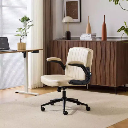 Oil-Waxed Leather Swivel Chair with Flip-Up Armrests – 330 lb Capacity