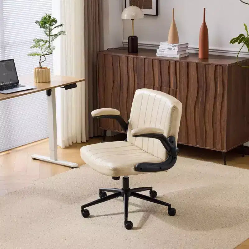 Oil-Waxed Leather Swivel Chair with Flip-Up Armrests – 330 lb Capacity