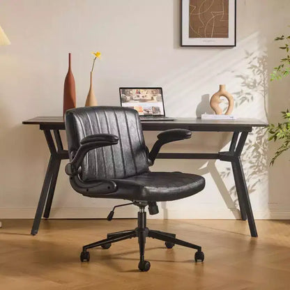Oil-Waxed Leather Swivel Chair with Flip-Up Armrests – 330 lb Capacity
