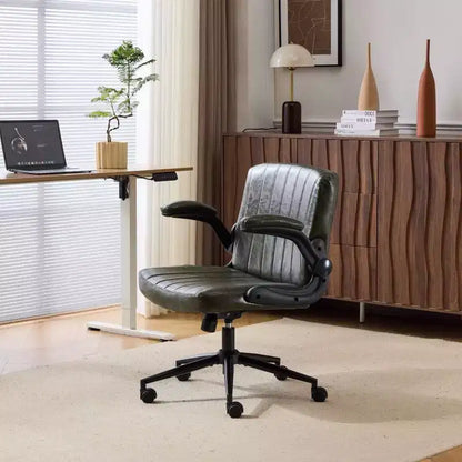 Oil-Waxed Leather Swivel Chair with Flip-Up Armrests – 330 lb Capacity