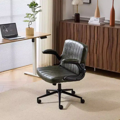 Oil-Waxed Leather Swivel Chair with Flip-Up Armrests – 330 lb Capacity
