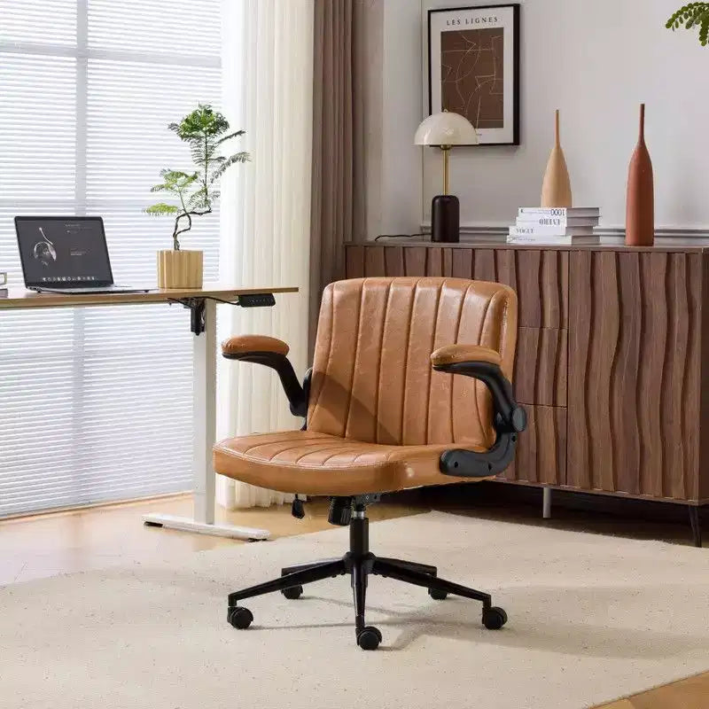 Oil-Waxed Leather Swivel Chair with Flip-Up Armrests – 330 lb Capacity