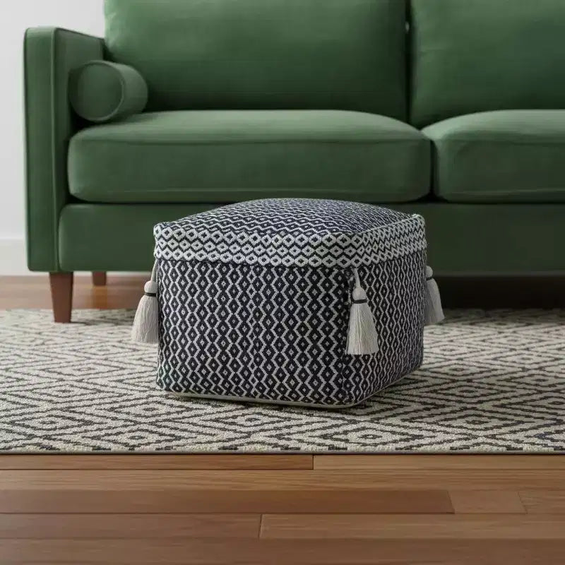 18" Blue Cotton Geometric Pouf Ottoman – Footrest, Extra Seat, No Assembly