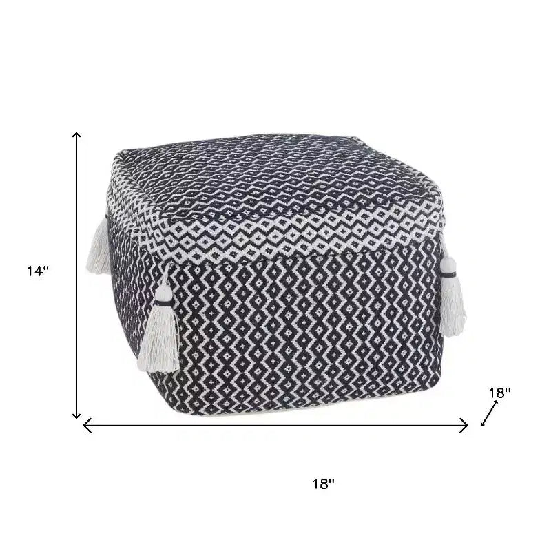 18" Blue Cotton Geometric Pouf Ottoman – Footrest, Extra Seat, No Assembly