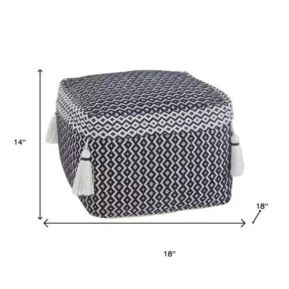 18" Blue Cotton Geometric Pouf Ottoman – Footrest, Extra Seat, No Assembly
