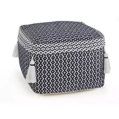 18" Blue Cotton Geometric Pouf Ottoman – Footrest, Extra Seat, No Assembly