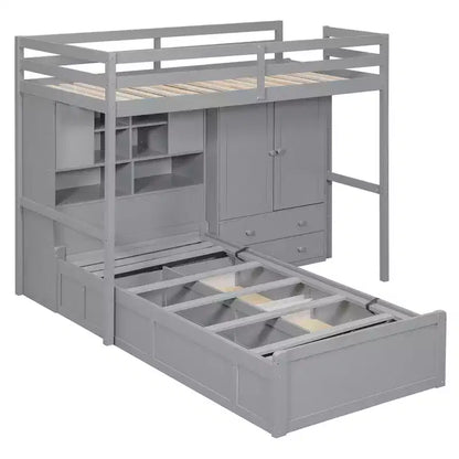 Twin Bunk Bed with Wardrobe and Drawers, Loft Bed Frame with Storage Shelves and Hydraulic Bed for Kids Adults