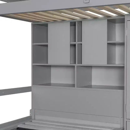 Twin Bunk Bed with Wardrobe and Drawers, Loft Bed Frame with Storage Shelves and Hydraulic Bed for Kids Adults