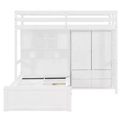 Twin Bunk Bed with Wardrobe and Drawers, Loft Bed Frame with Storage Shelves and Hydraulic Bed for Kids Adults