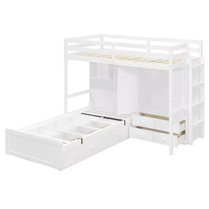 Twin Bunk Bed with Wardrobe and Drawers, Loft Bed Frame with Storage Shelves and Hydraulic Bed for Kids Adults