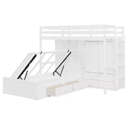 Twin Bunk Bed with Wardrobe and Drawers, Loft Bed Frame with Storage Shelves and Hydraulic Bed for Kids Adults