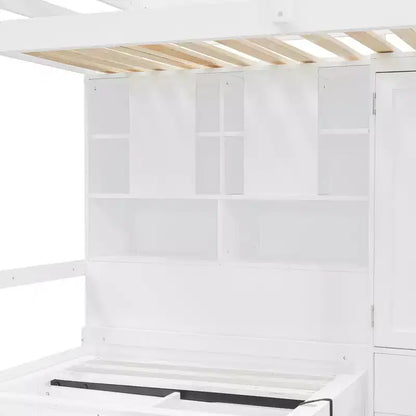 Twin Bunk Bed with Wardrobe and Drawers, Loft Bed Frame with Storage Shelves and Hydraulic Bed for Kids Adults