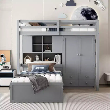 Twin Bunk Bed with Wardrobe and Drawers, Loft Bed Frame with Storage Shelves and Hydraulic Bed for Kids Adults