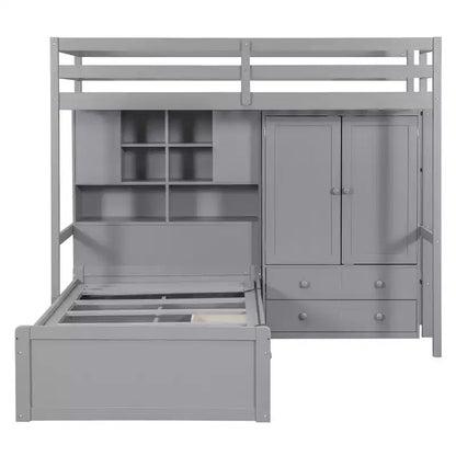 Twin Bunk Bed with Wardrobe and Drawers, Loft Bed Frame with Storage Shelves and Hydraulic Bed for Kids Adults