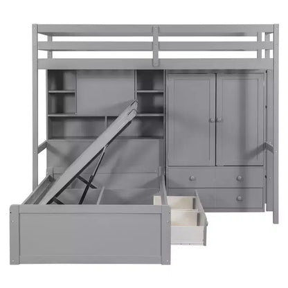 Twin Bunk Bed with Wardrobe and Drawers, Loft Bed Frame with Storage Shelves and Hydraulic Bed for Kids Adults