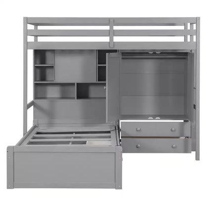 Twin Bunk Bed with Wardrobe and Drawers, Loft Bed Frame with Storage Shelves and Hydraulic Bed for Kids Adults