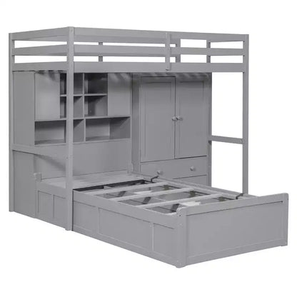 Twin Bunk Bed with Wardrobe and Drawers, Loft Bed Frame with Storage Shelves and Hydraulic Bed for Kids Adults