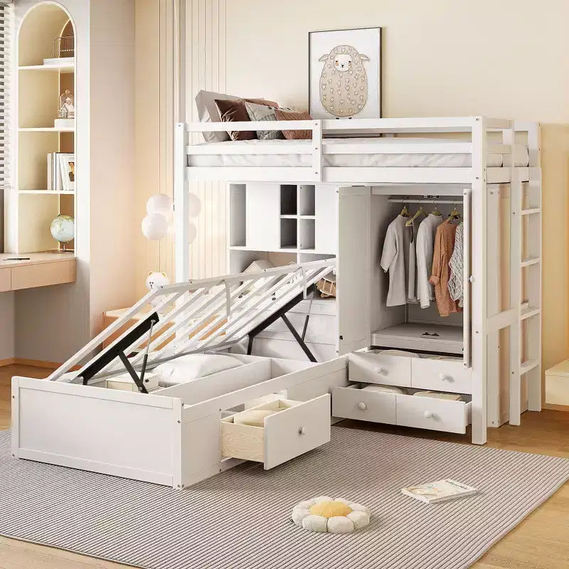 Twin Bunk Bed with Wardrobe and Drawers, Loft Bed Frame with Storage Shelves and Hydraulic Bed for Kids Adults