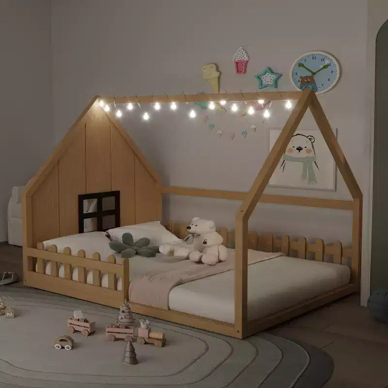 Full Size Kids House Bed with LED Lights – Solid Pine, Montessori Floor Bed & Safety Guardrail