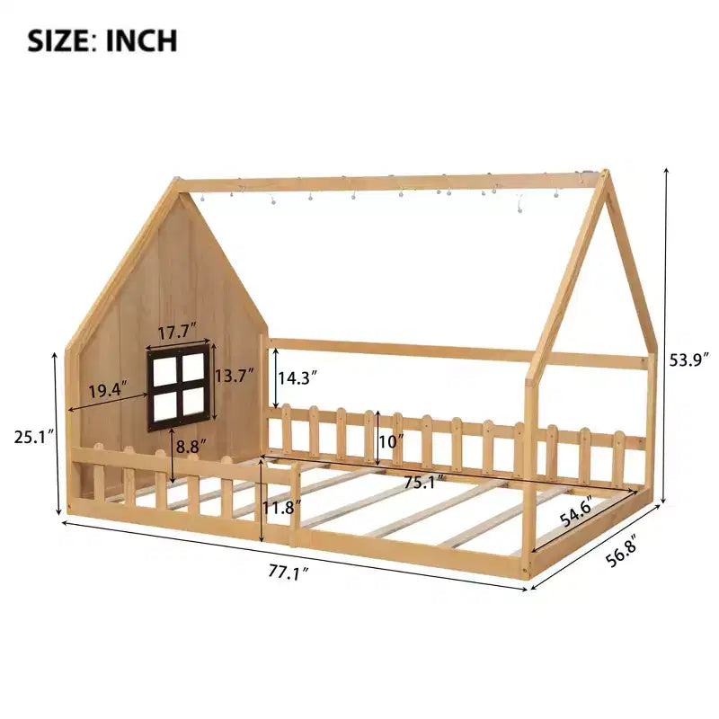 Full Size Kids House Bed with LED Lights – Solid Pine, Montessori Floor Bed & Safety Guardrail
