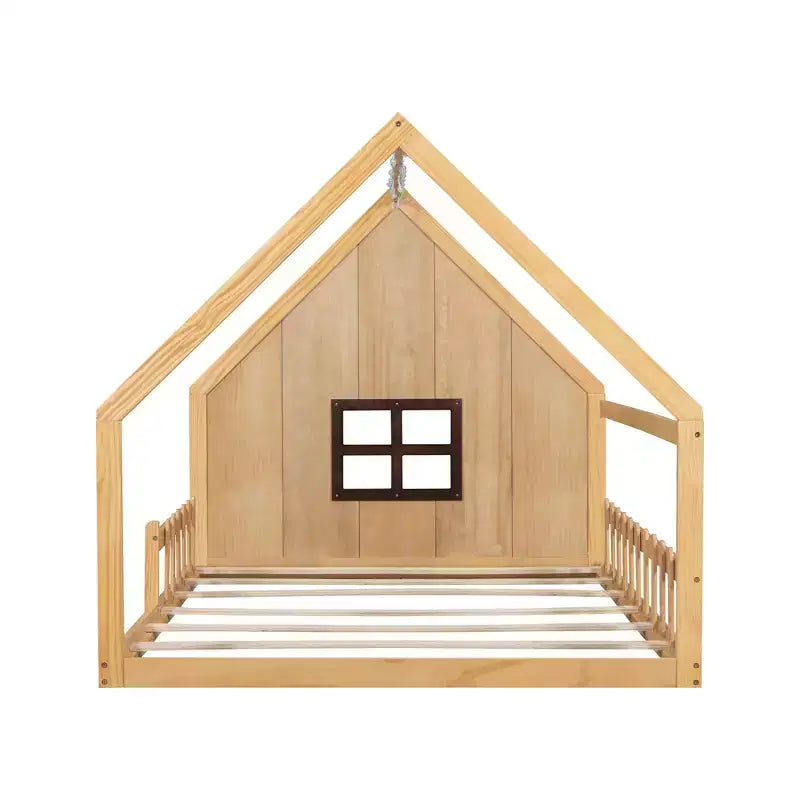 Full Size Kids House Bed with LED Lights – Solid Pine, Montessori Floor Bed & Safety Guardrail