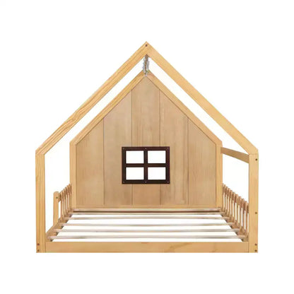 Full Size Kids House Bed with LED Lights – Solid Pine, Montessori Floor Bed & Safety Guardrail
