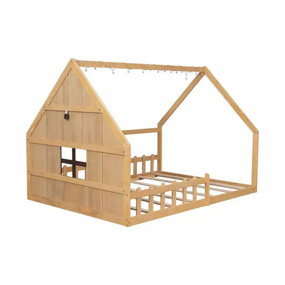 Full Size Kids House Bed with LED Lights – Solid Pine, Montessori Floor Bed & Safety Guardrail