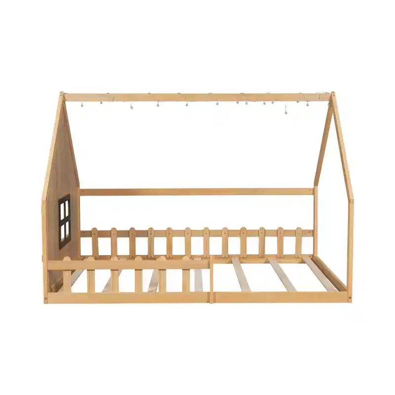 Full Size Kids House Bed with LED Lights – Solid Pine, Montessori Floor Bed & Safety Guardrail