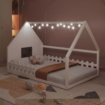 Full Size Kids House Bed with LED Lights – Solid Pine, Montessori Floor Bed & Safety Guardrail