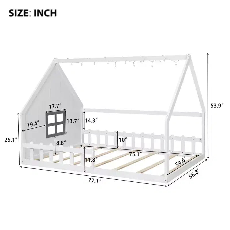 Full Size Kids House Bed with LED Lights – Solid Pine, Montessori Floor Bed & Safety Guardrail