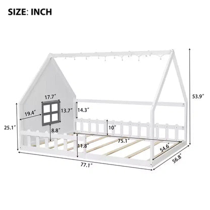 Full Size Kids House Bed with LED Lights – Solid Pine, Montessori Floor Bed & Safety Guardrail