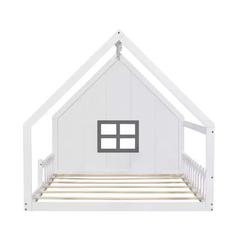 Full Size Kids House Bed with LED Lights – Solid Pine, Montessori Floor Bed & Safety Guardrail