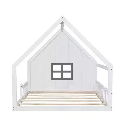 Full Size Kids House Bed with LED Lights – Solid Pine, Montessori Floor Bed & Safety Guardrail