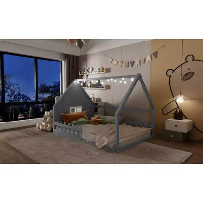 Full Size Kids House Bed with LED Lights – Solid Pine, Montessori Floor Bed & Safety Guardrail
