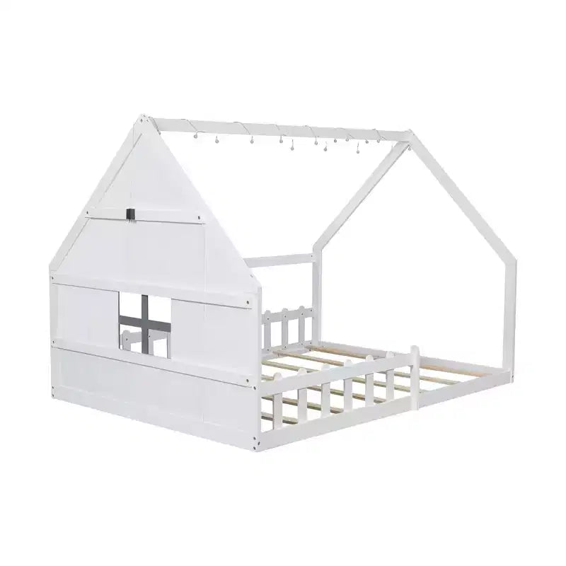 Full Size Kids House Bed with LED Lights – Solid Pine, Montessori Floor Bed & Safety Guardrail