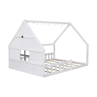 Full Size Kids House Bed with LED Lights – Solid Pine, Montessori Floor Bed & Safety Guardrail