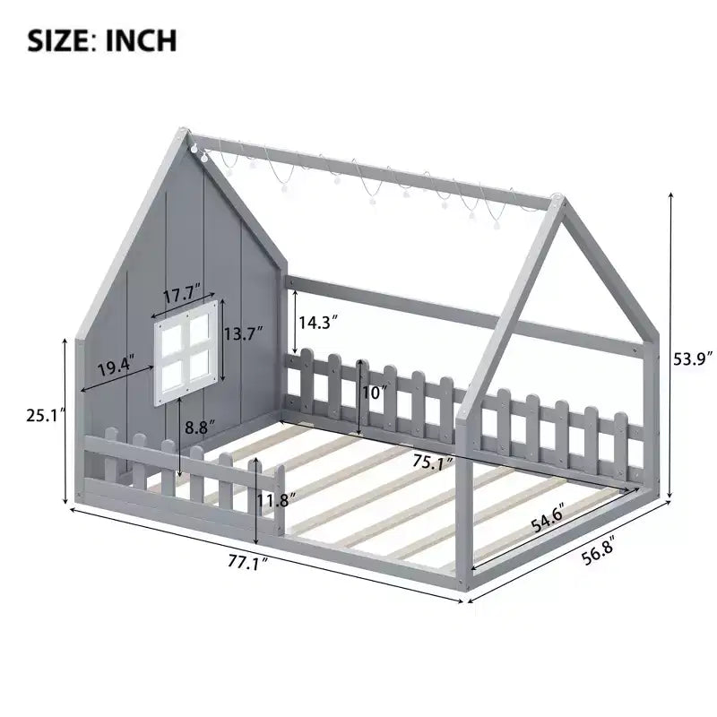 Full Size Kids House Bed with LED Lights – Solid Pine, Montessori Floor Bed & Safety Guardrail