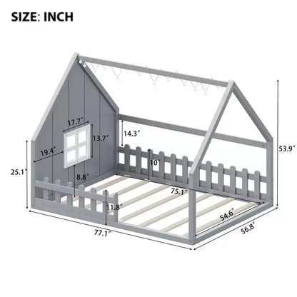 Full Size Kids House Bed with LED Lights – Solid Pine, Montessori Floor Bed & Safety Guardrail