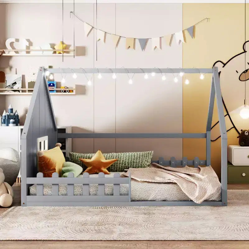 Full Size Kids House Bed with LED Lights – Solid Pine, Montessori Floor Bed & Safety Guardrail