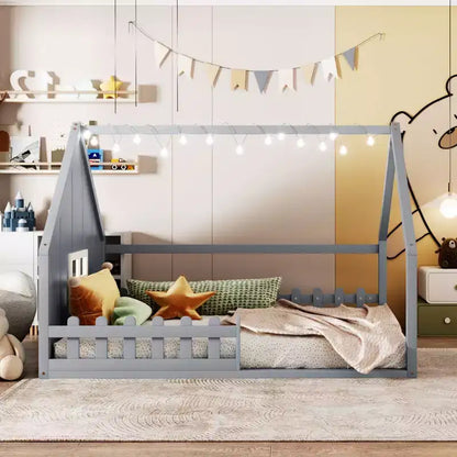 Full Size Kids House Bed with LED Lights – Solid Pine, Montessori Floor Bed & Safety Guardrail