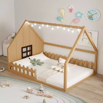 Full Size Kids House Bed with LED Lights – Solid Pine, Montessori Floor Bed & Safety Guardrail
