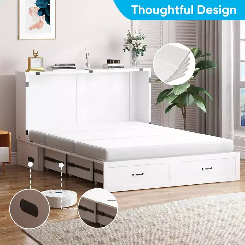 Queen Murphy Bed Cabinet with Storage Drawers & USB Charging Station – Optional Mattress