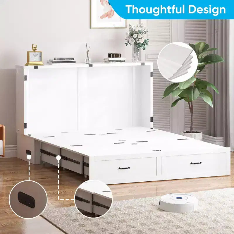 Queen Murphy Bed Cabinet with Storage Drawers & USB Charging Station – Optional Mattress