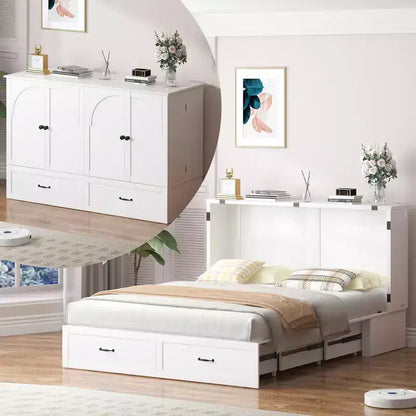 Queen Murphy Bed Cabinet with Storage Drawers & USB Charging Station – Optional Mattress