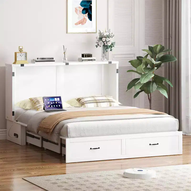 Queen Murphy Bed Cabinet with Storage Drawers & USB Charging Station – Optional Mattress