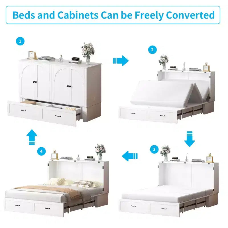 Queen Murphy Bed Cabinet with Storage Drawers & USB Charging Station – Optional Mattress
