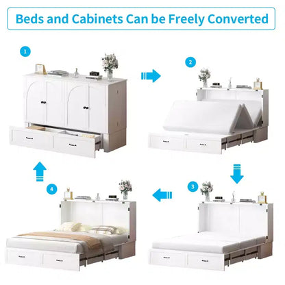 Queen Murphy Bed Cabinet with Storage Drawers & USB Charging Station – Optional Mattress