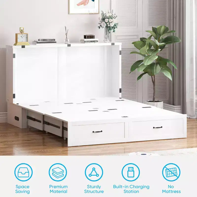 Queen Murphy Bed Cabinet with Storage Drawers & USB Charging Station – Optional Mattress