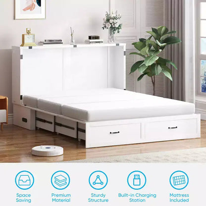 Queen Murphy Bed Cabinet with Storage Drawers & USB Charging Station – Optional Mattress